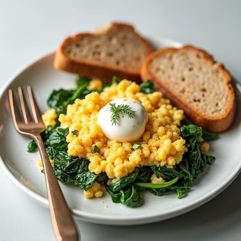 Egg White and Spinach Scramble with Cottage Cheese, Sliced Turkey & Whole Grain Toast