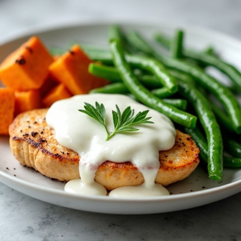 Creamy Chicken with Roasted Sweet Potatoes and Green Beans