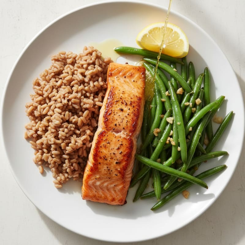 Seared Salmon with Garlic Green Beans and Brown Rice