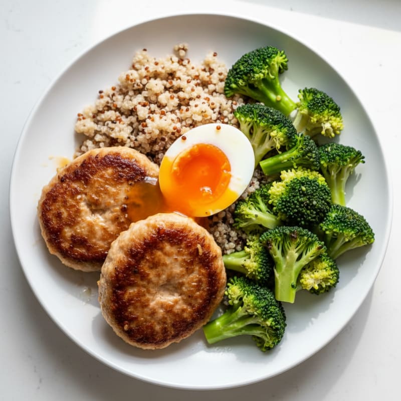 Seared Turkey Patties with Steamed Broccoli and Quinoa