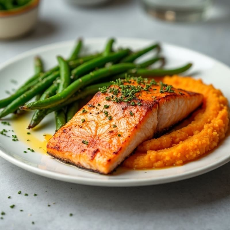 Seared Salmon with Garlic Green Beans and Sweet Potato Mash
