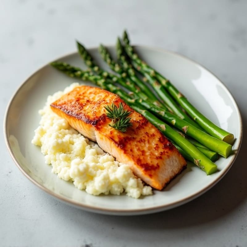 Seared Salmon with Steamed Asparagus and Cauliflower Mash