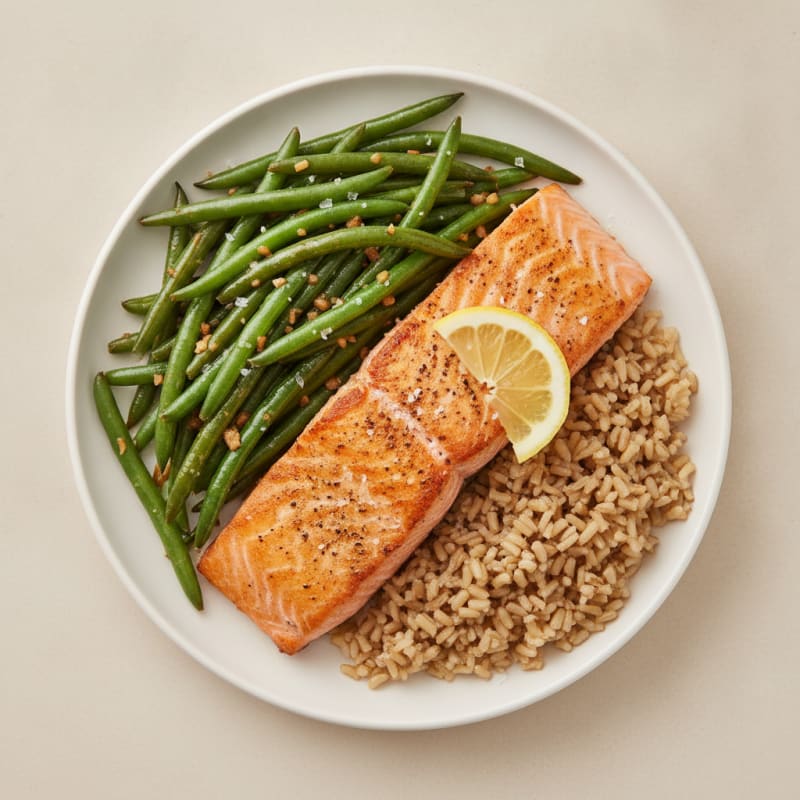 Seared Salmon with Garlic Green Beans and Brown Rice