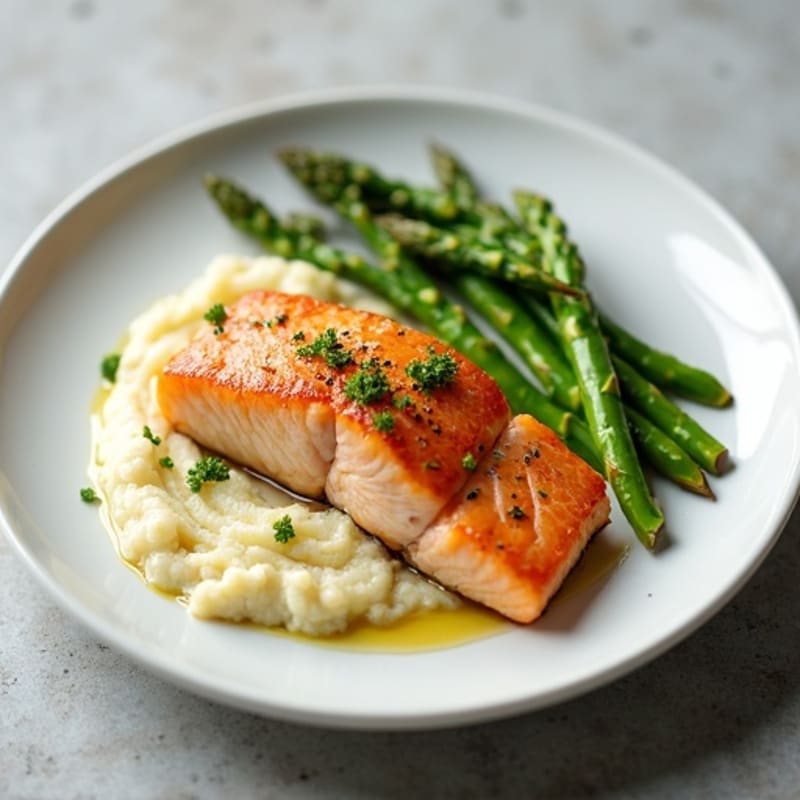 Seared Salmon with Steamed Asparagus and Cauliflower Mash