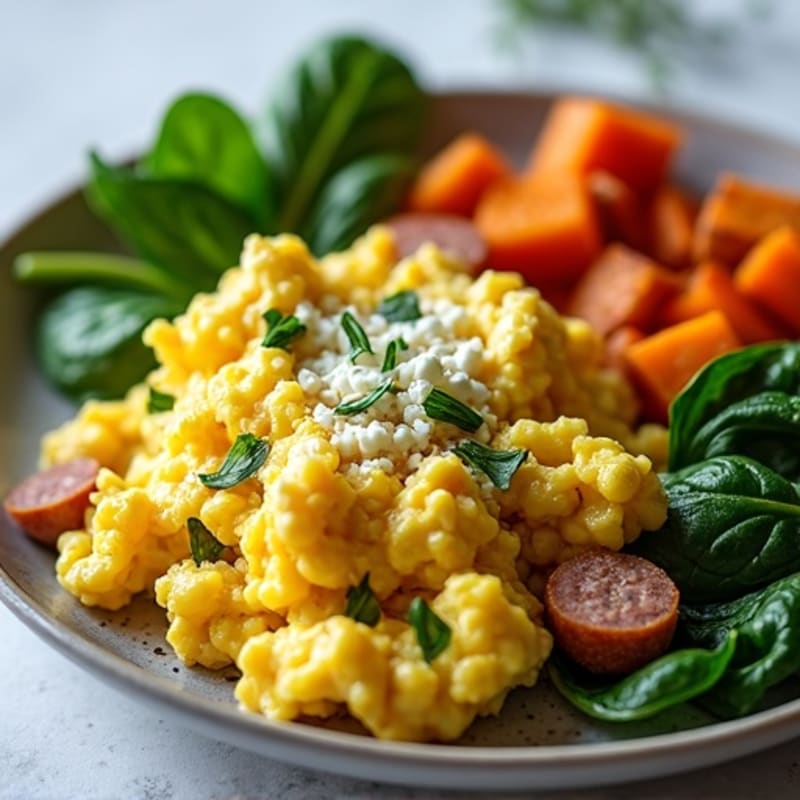 Fluffy Herb-Loaded Egg Scramble with Fresh Spinach and Roasted Sweet Potatoes