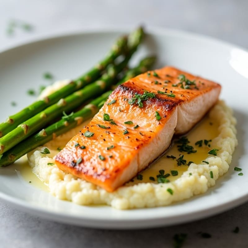 Seared Salmon Fillet with Steamed Asparagus and Garlic Cauliflower Mash