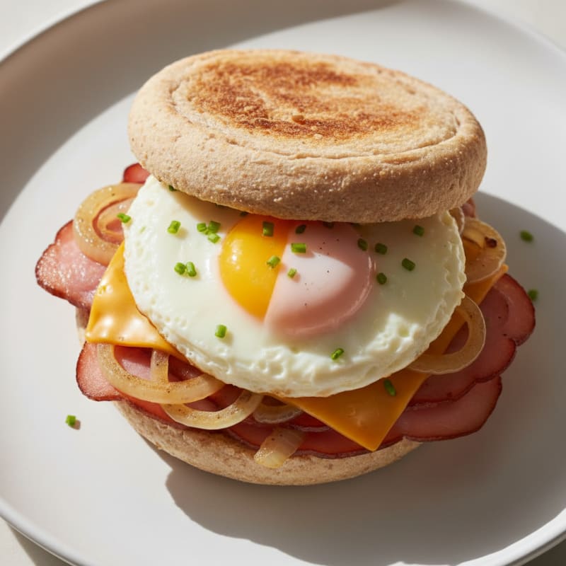 Egg and Ham Breakfast Sandwich with Cheddar Cheese and Sautéed Onions