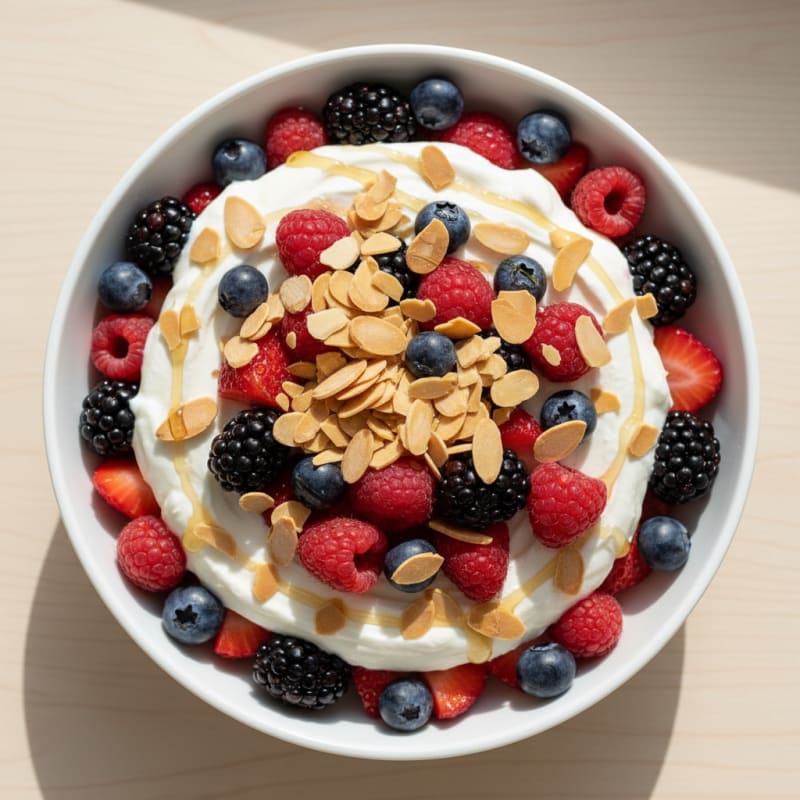 Greek Yogurt Protein Parfait with Mixed Berries and Almonds