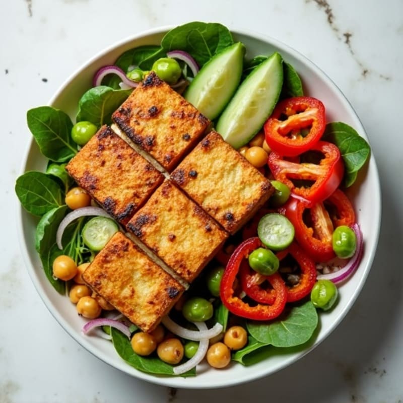 Grilled Tofu and Chickpea Salad with Crunchy Vegetables