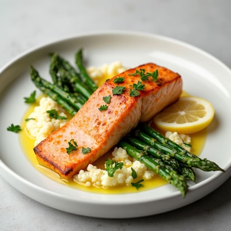 Seared Salmon with Steamed Asparagus and Garlic Cauliflower Mash