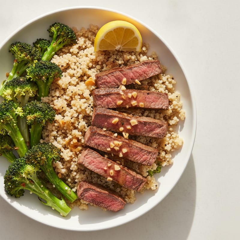 Seared Lean Beef Strips with Roasted Broccoli and Quinoa