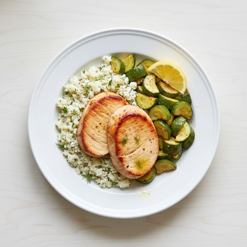 Seared Turkey Breast with Roasted Zucchini and Cauliflower Rice