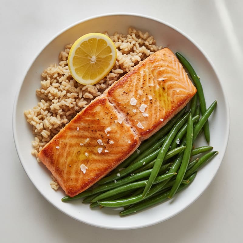 Seared Salmon with Steamed Green Beans and Brown Rice