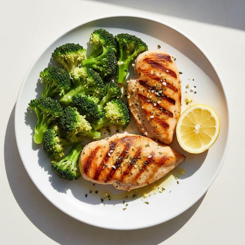 Grilled Chicken Breast with Steamed Broccoli and Lemon