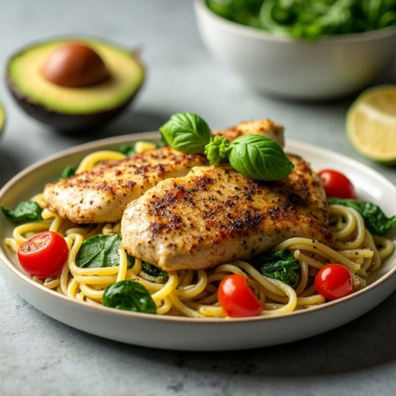 Pan-Seared Chicken with Creamy Pesto Whole Wheat Pasta