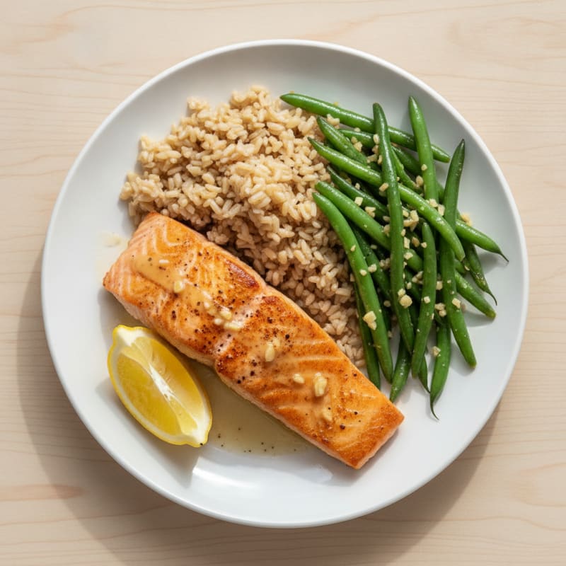 Seared Salmon with Garlic Green Beans and Brown Rice