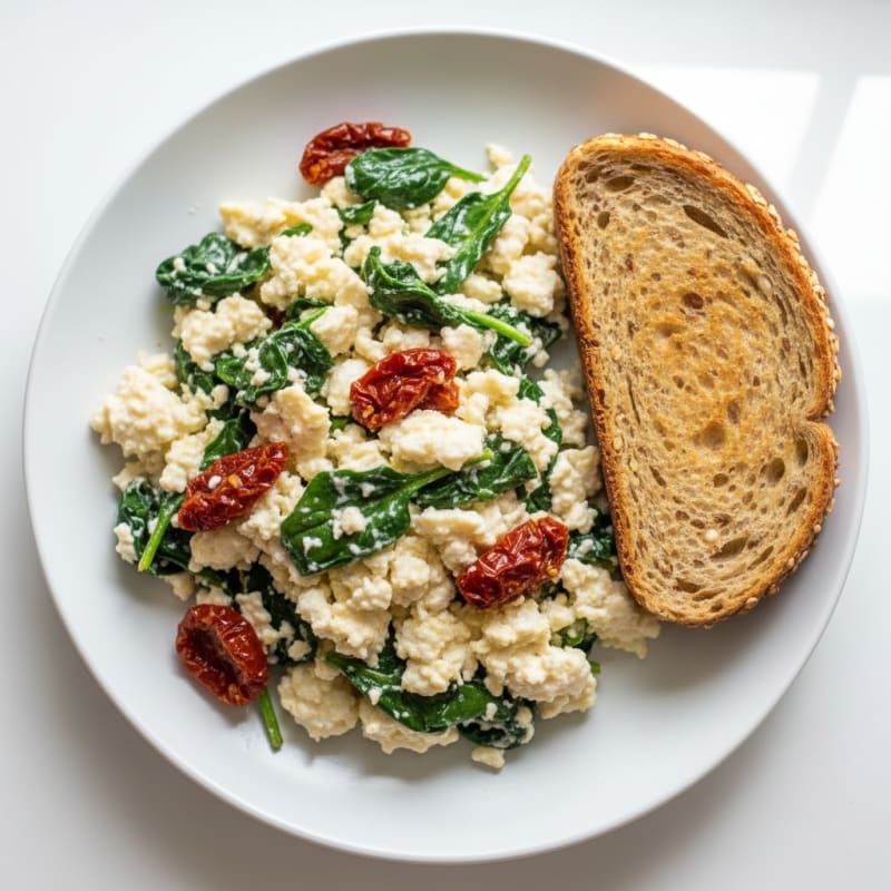 Cottage Cheese Egg White Scramble with Spinach and Sun-Dried Tomatoes