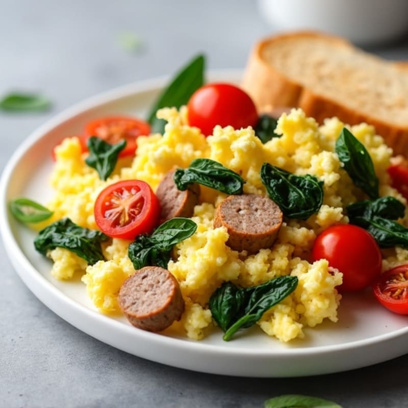Egg White and Turkey Sausage Scramble with Spinach and Cherry Tomatoes