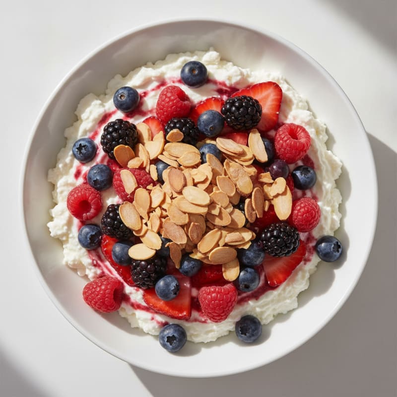 Cottage Cheese Greek Yogurt Parfait with Mixed Berries and Almonds