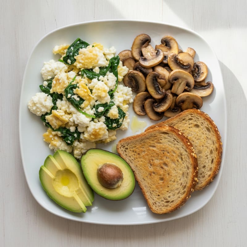 Egg White and Spinach Scramble with Cottage Cheese and Sautéed Mushrooms