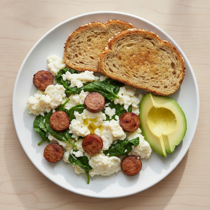 Egg White and Spinach Scramble with Turkey Sausage
