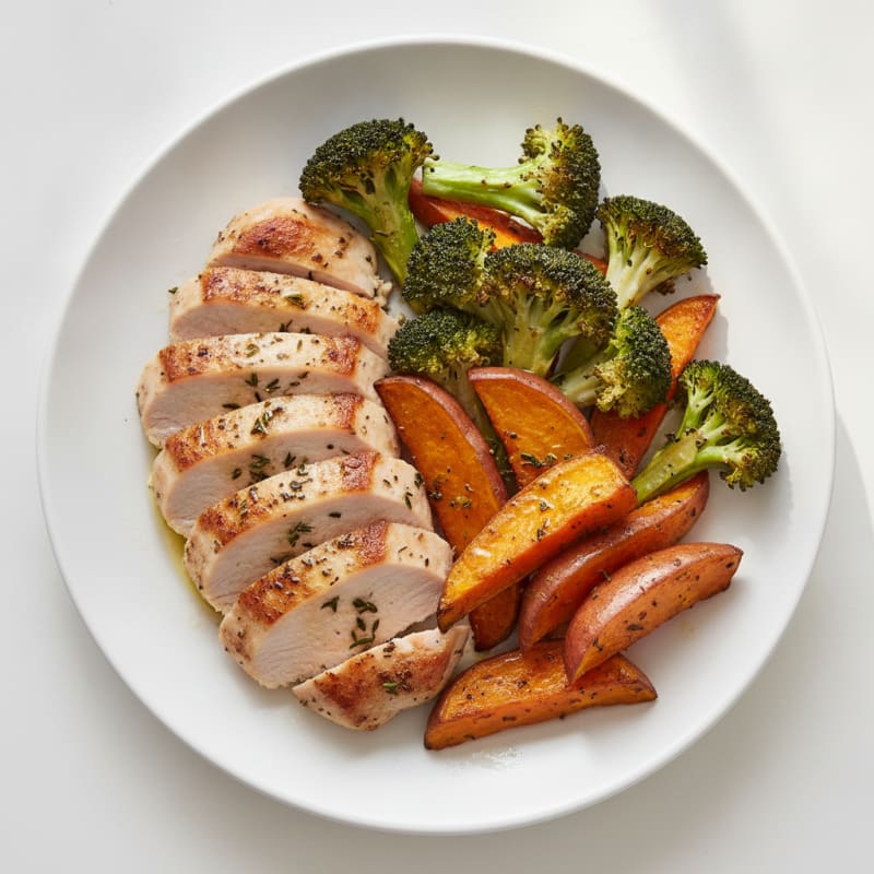 Seared Turkey Breast with Roasted Broccoli and Sweet Potato