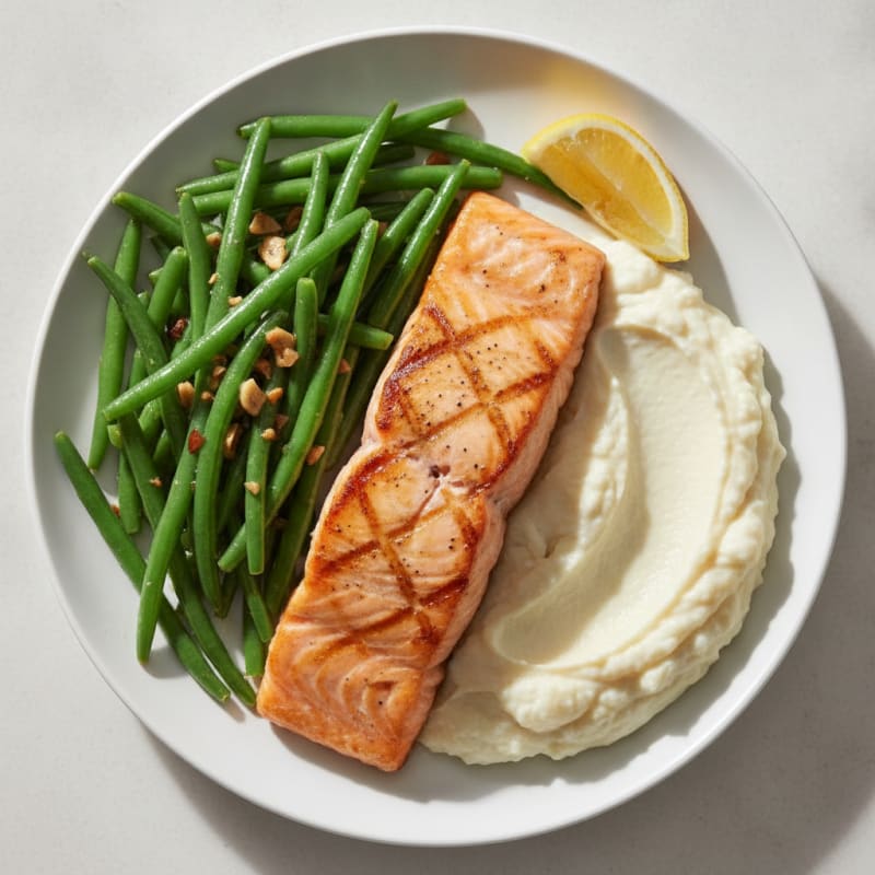 Seared Salmon Fillet with Garlic Green Beans and Cauliflower Mash