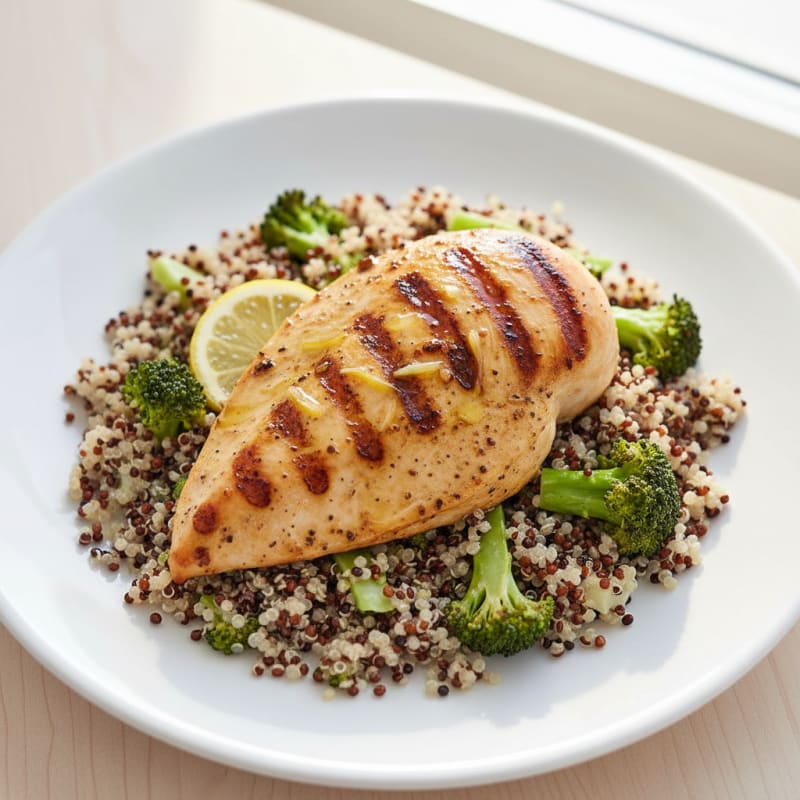 Grilled Chicken Breast with Quinoa and Steamed Broccoli