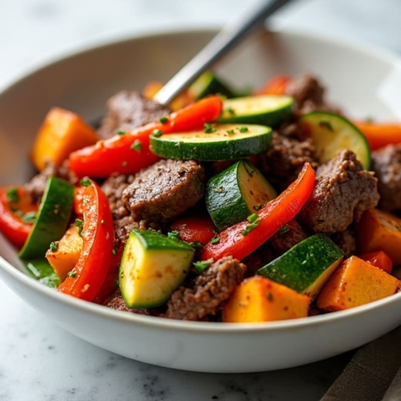 Lean Beef Stir Fry with Bell Peppers, Zucchini, and Sweet Potato