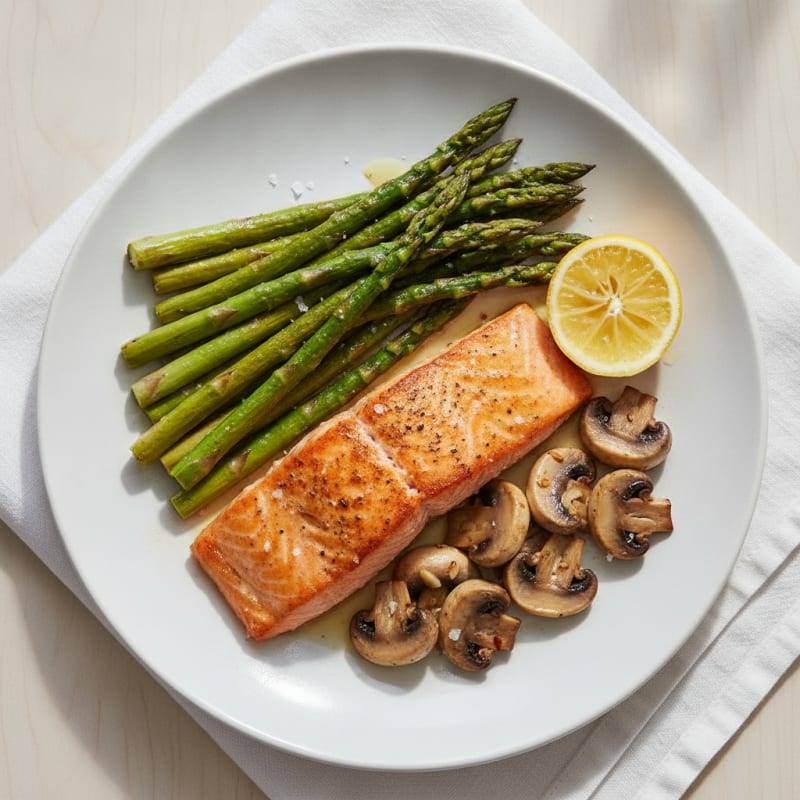 Seared Salmon Fillet with Roasted Asparagus and Garlic Mushrooms