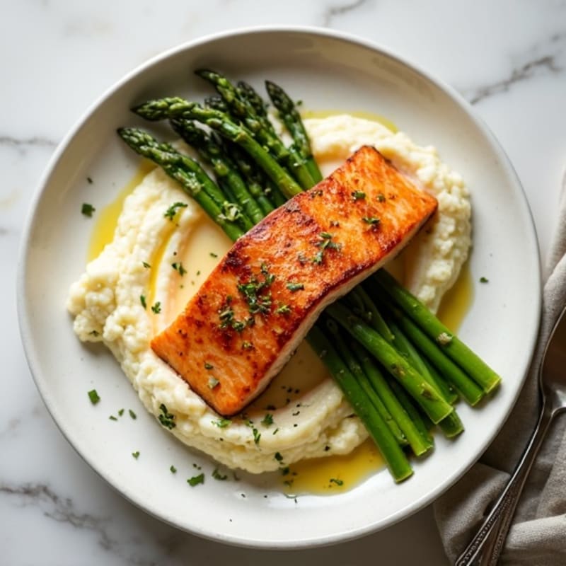 Seared Salmon with Steamed Asparagus and Garlic Cauliflower Mash
