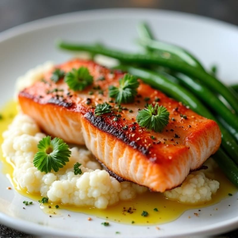 Seared Salmon with Garlic Green Beans and Cauliflower Mash