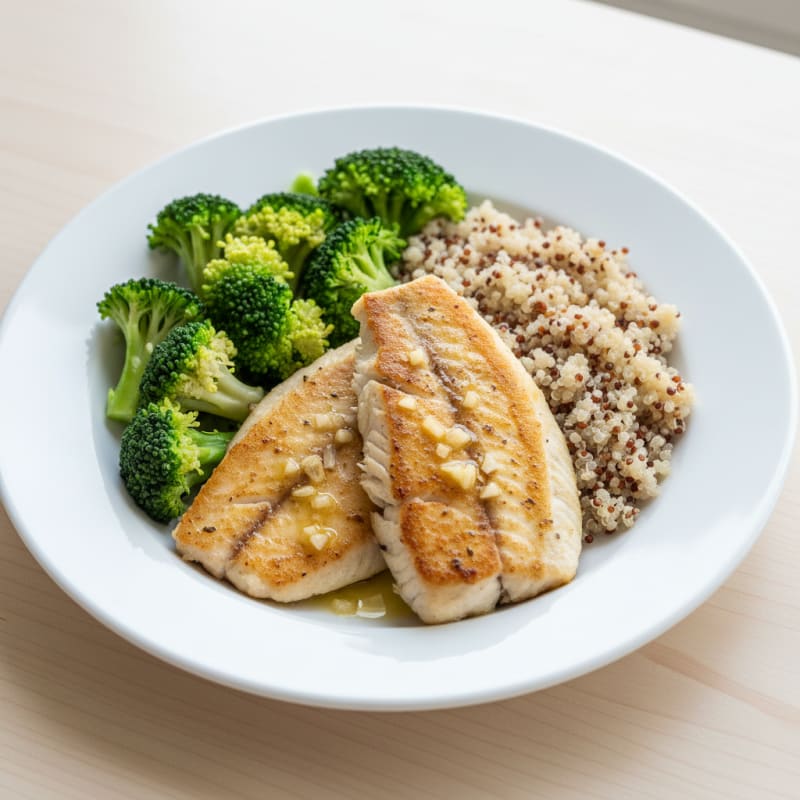 Pan Seared Tilapia with Steamed Broccoli and Quinoa