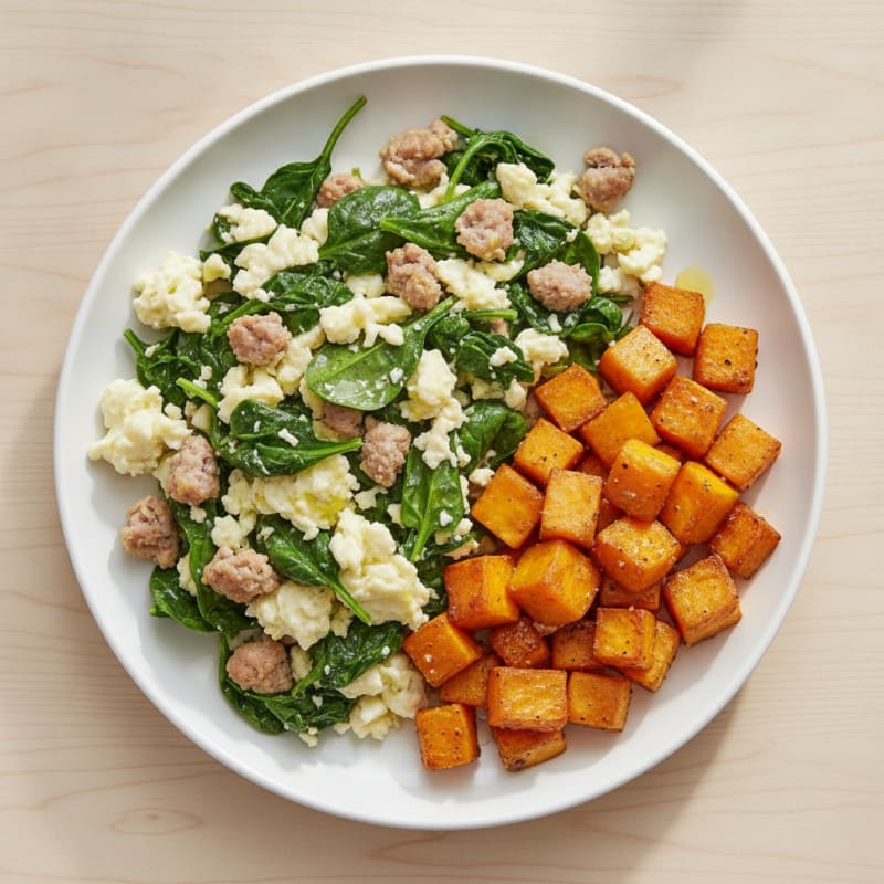 Egg White and Turkey Sausage Scramble with Spinach and Roasted Sweet Potato