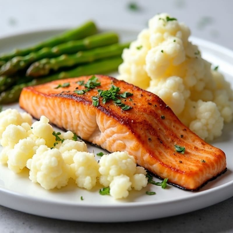 Seared Salmon Fillet with Steamed Asparagus and Garlic Mashed Cauliflower
