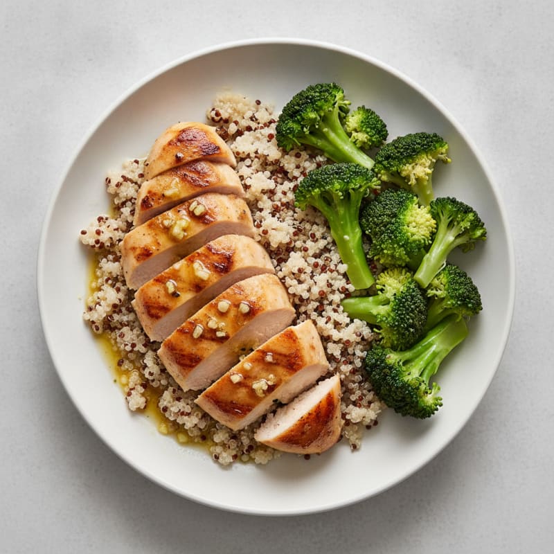 Grilled Lemon Garlic Chicken Breast with Quinoa and Steamed Broccoli