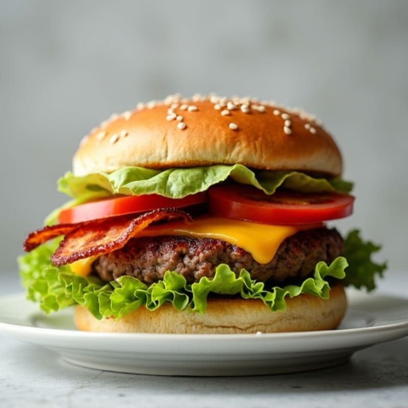 Lean Beef Burger with Crispy Turkey Bacon and Melted Cheddar