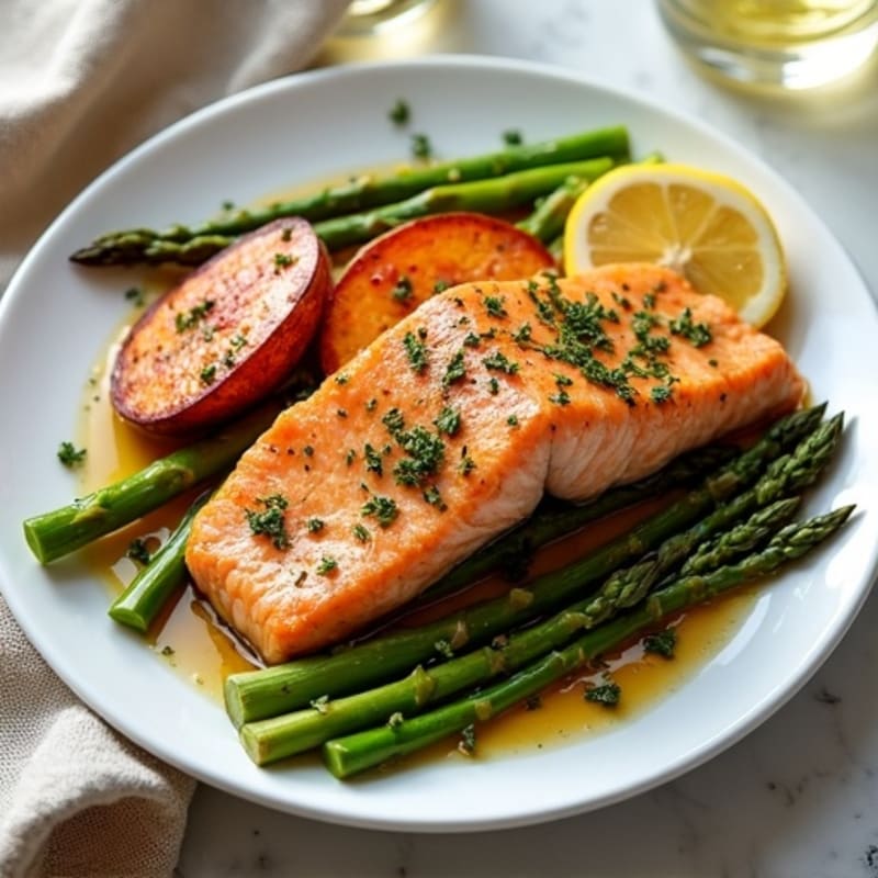 Sheet Pan Lemon Herb Salmon with Crispy Asparagus and Roasted Sweet Potatoes