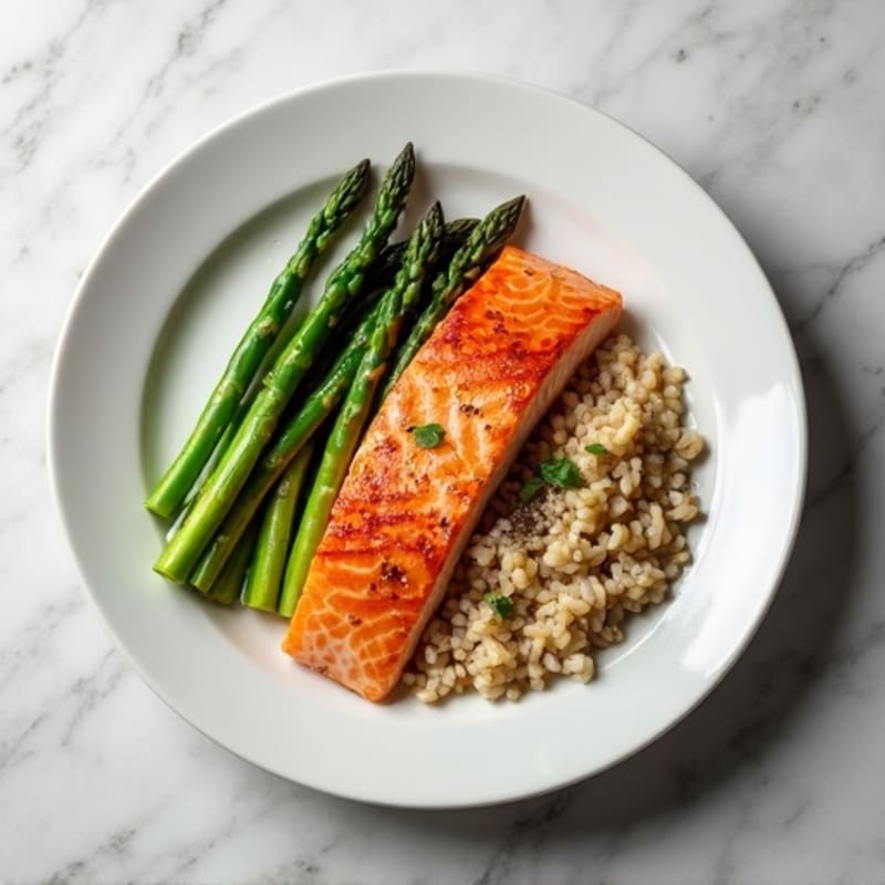 Seared Salmon with Steamed Asparagus and Brown Rice