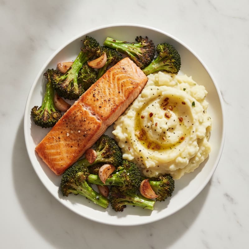 Seared Salmon with Roasted Broccoli and Garlic Mashed Potatoes