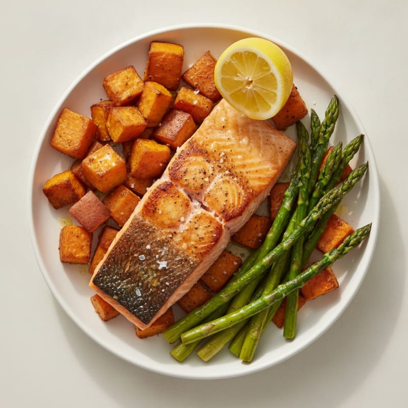 Seared Salmon with Roasted Sweet Potato and Asparagus