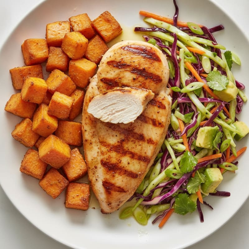 Grilled Chicken Breast with Roasted Sweet Potatoes and Cabbage Slaw