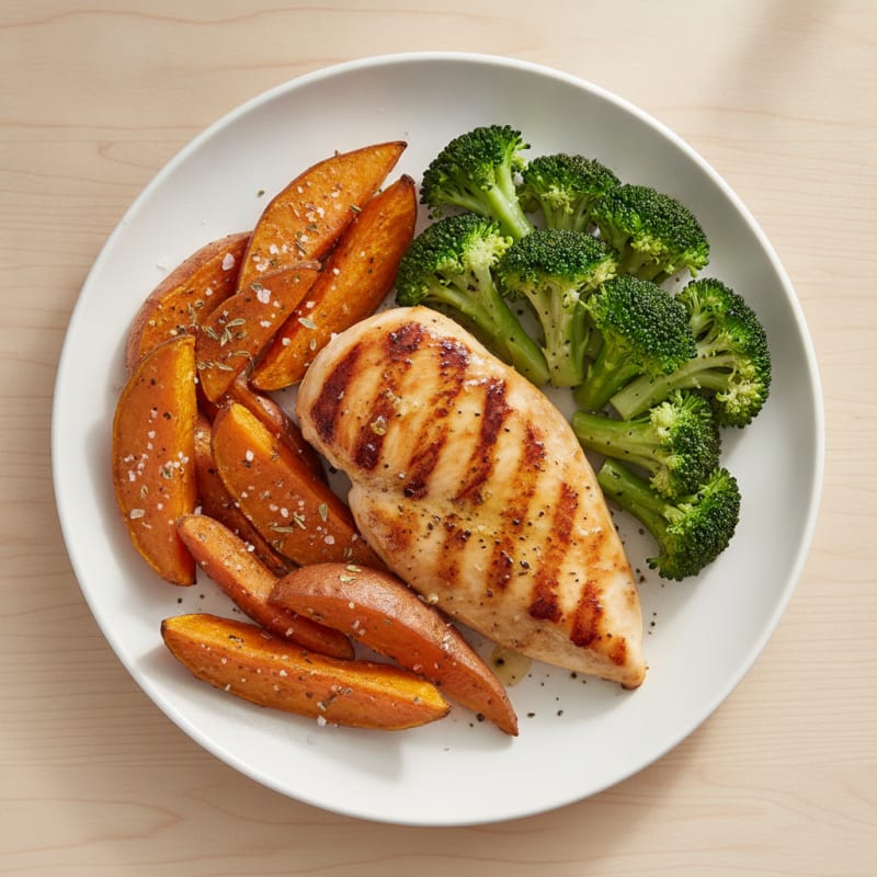 Grilled Chicken Breast with Roasted Sweet Potato and Steamed Broccoli