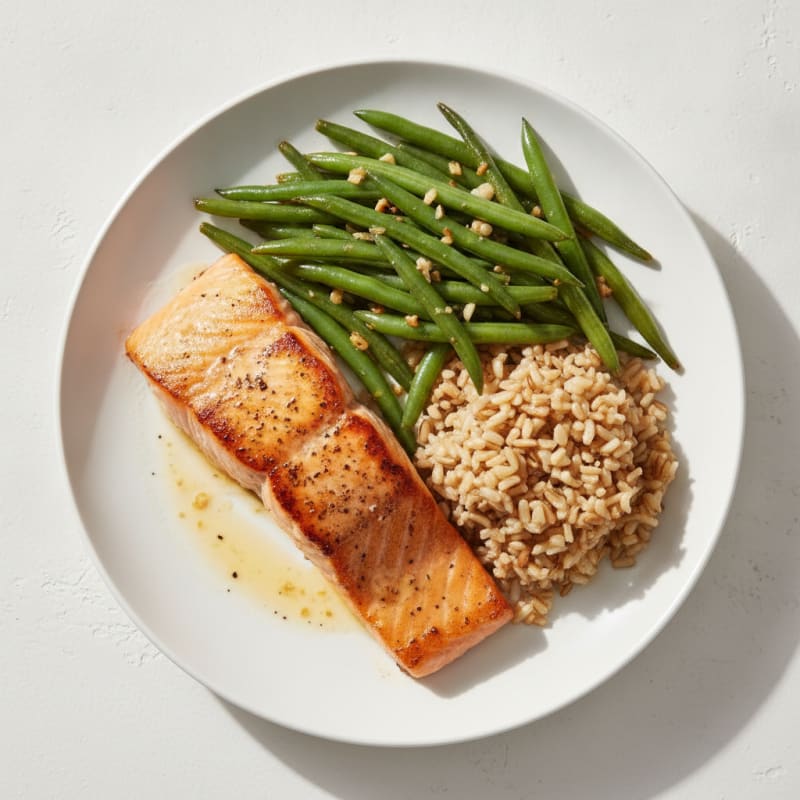 Seared Salmon with Garlic Green Beans and Brown Rice