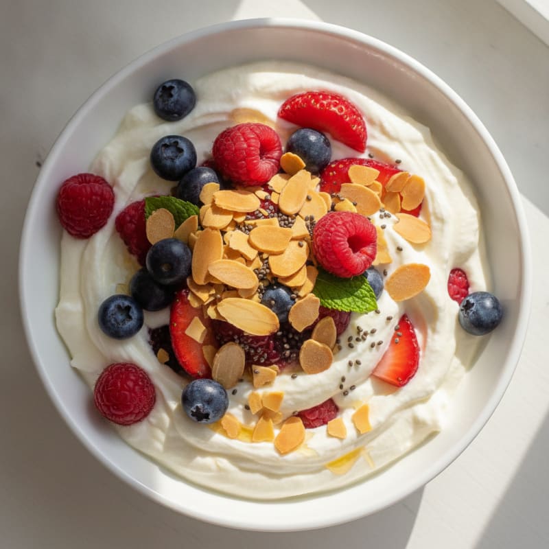 Greek Yogurt Protein Parfait with Mixed Berries and Almonds