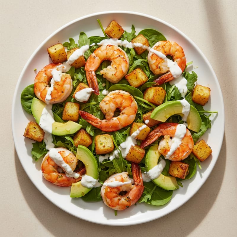 Grilled Prawn and Avocado Salad with Roasted Potato Cubes