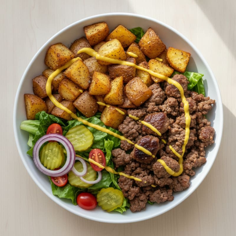 Beef Burger Bowl with Roasted Potatoes