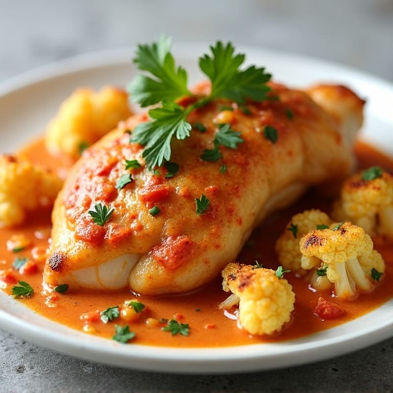 Chicken with Creamy Spiced Tomato Coconut Sauce and Roasted Cauliflower