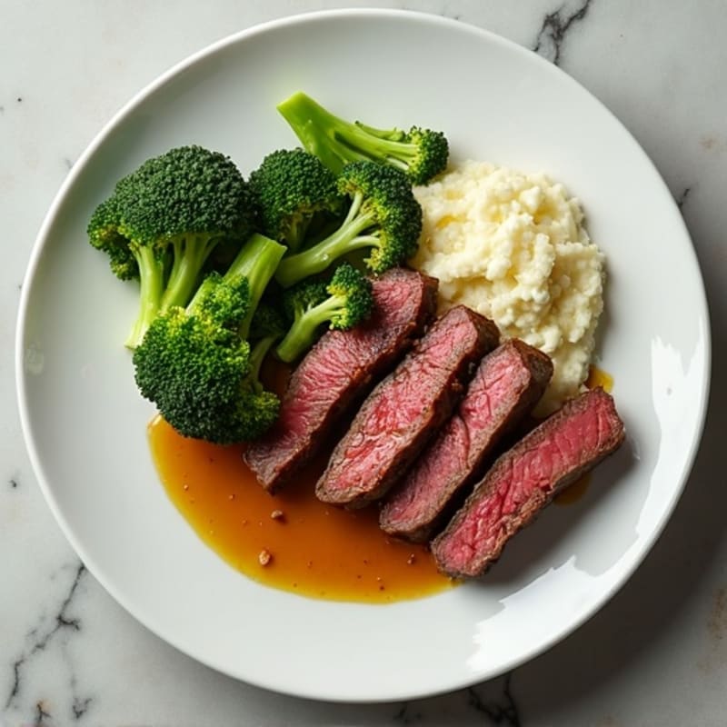 Seared Lean Beef Strips with Roasted Broccoli and Cauliflower Mash
