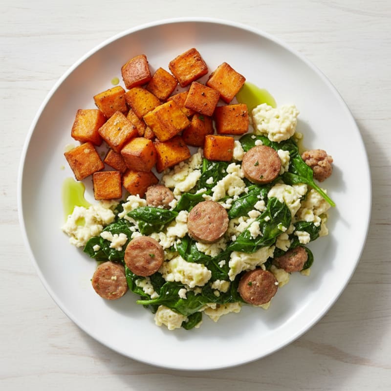 Egg White and Turkey Sausage Scramble with Spinach and Roasted Sweet Potatoes